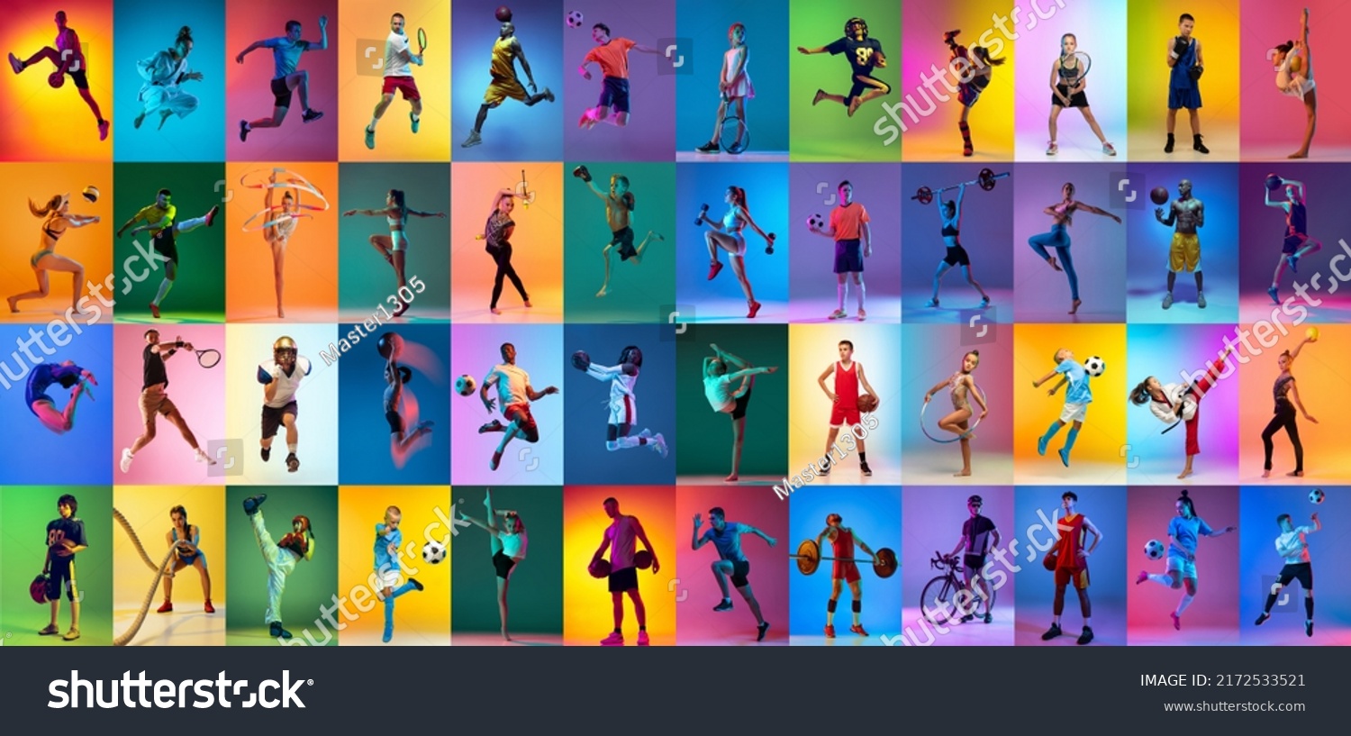 Soccer football, cycling, tennis athletics. Group of professional sportsmen and kids with sport equipment isolated on multicolored background in neon light. Flyer. Advertising, sport life concept #2172533521
