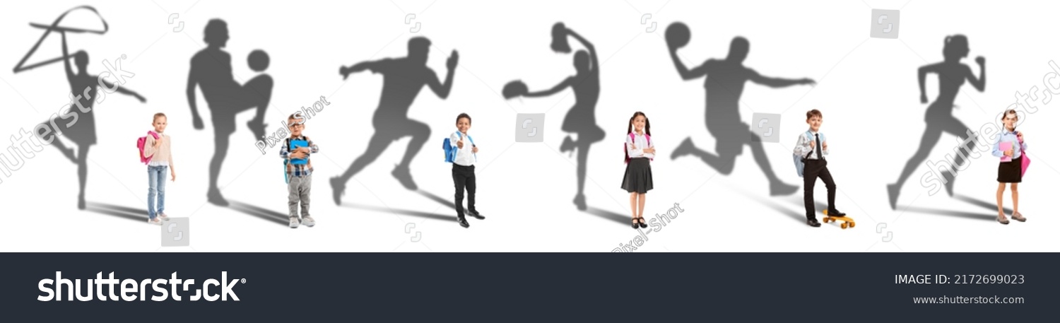 Group of cute little children dreaming about career in sports on white background #2172699023