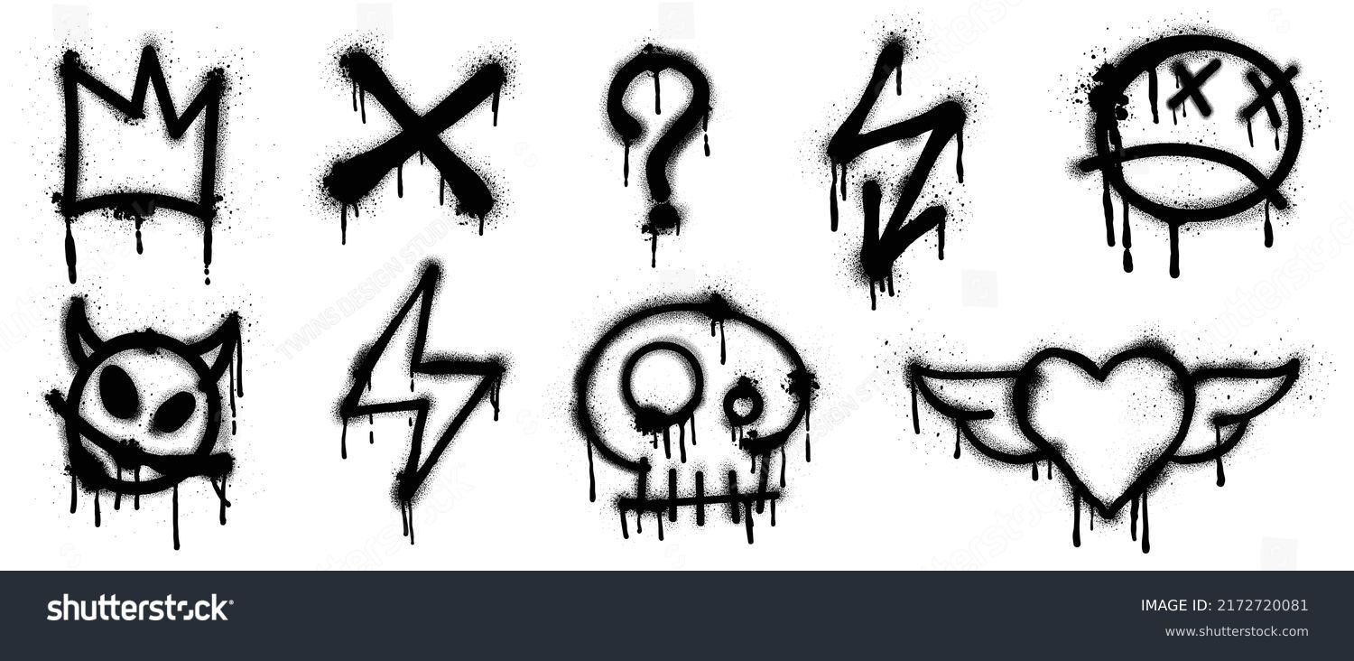 Set of black graffiti spray pattern. Collection of symbols, heart, crown, thunder, devil, skull, arrow with spray texture. Elements on white background for banner, decoration, street art and ads. #2172720081