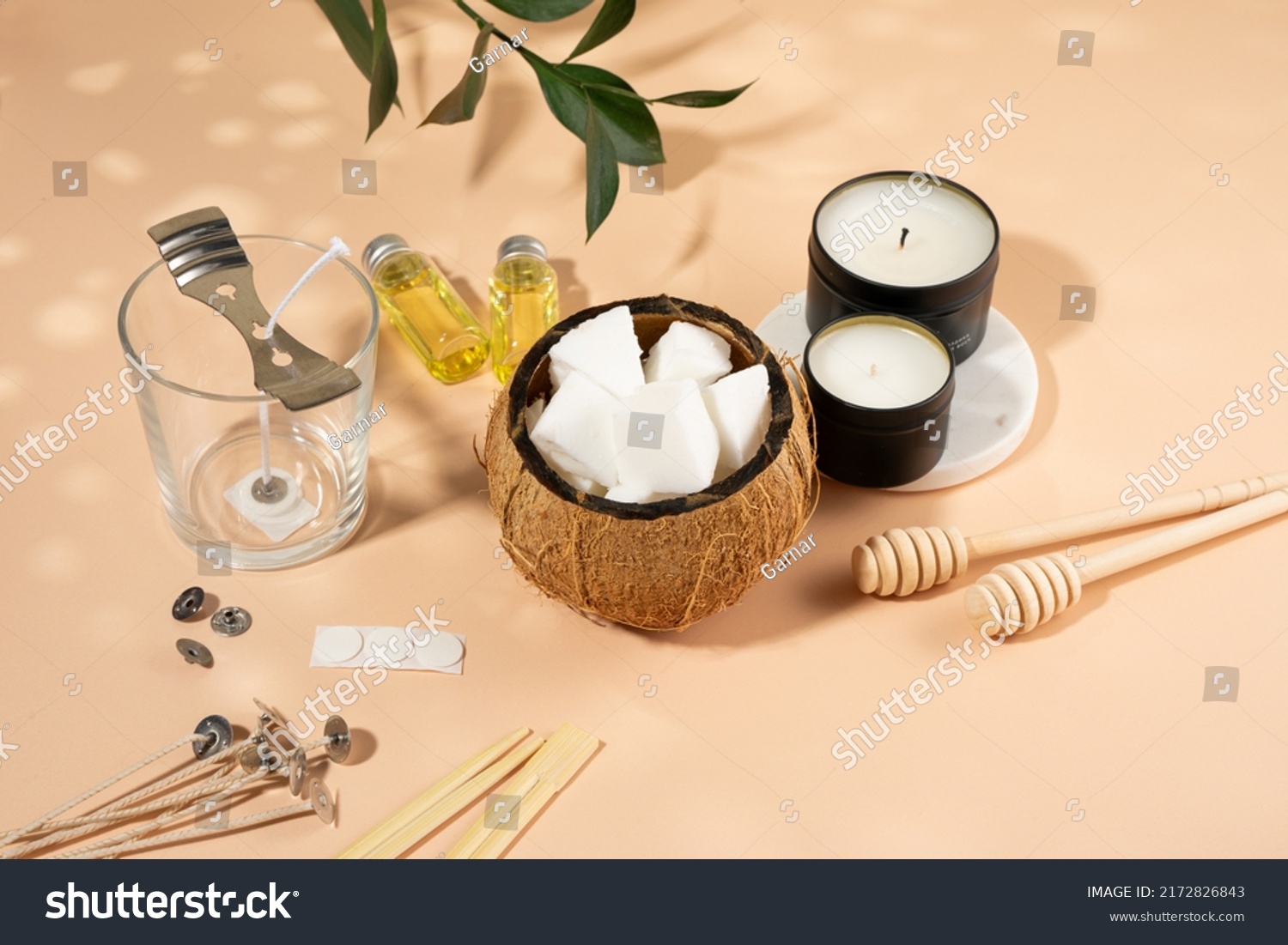 Set for homemade natural eco-friendly coconut wax candles, wick, perfume, aroma oil. Candle making utensils.Trendy diy candles to health on beige background.Copy space.Cruelty-free vegan product #2172826843