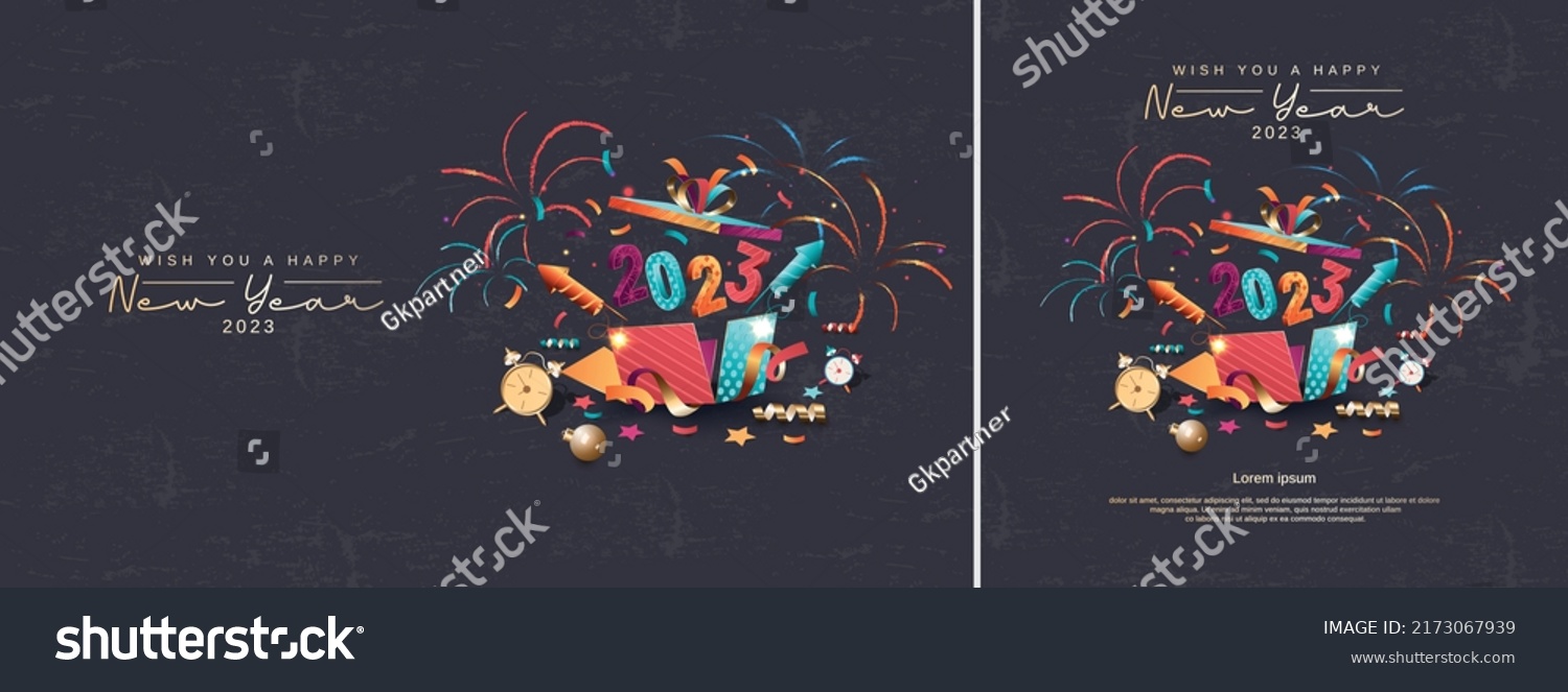 Happy new year 2023. Festive 2023 new year celebration with colorful and 3D numbers. Trendy and modern design for 2023 new year banner, flyer, greeting card and media post template #2173067939