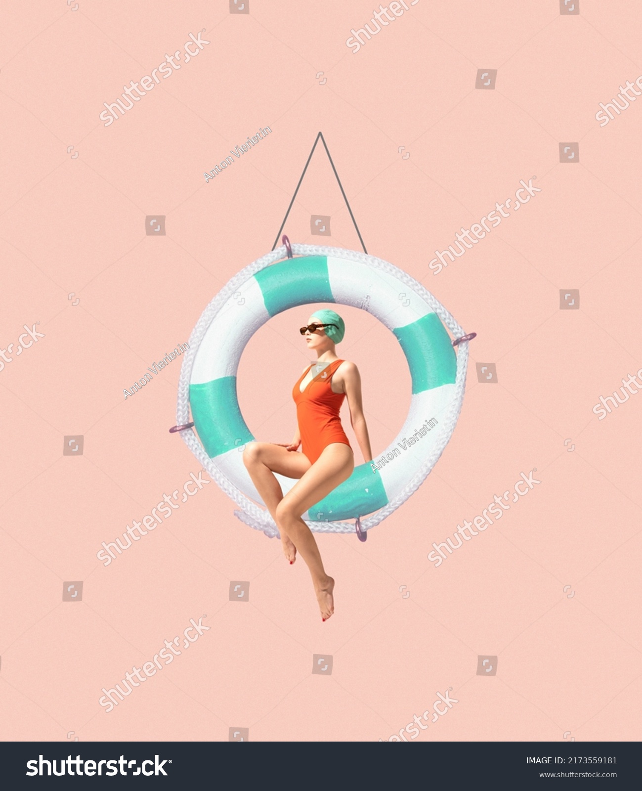 Contemporary art collage. Stylish young girl in swimming suit and cap sitting on lifebuoy isolated over peach background. Concept of summer, mood, creativity, party, fun. Copy space for ad, poster #2173559181