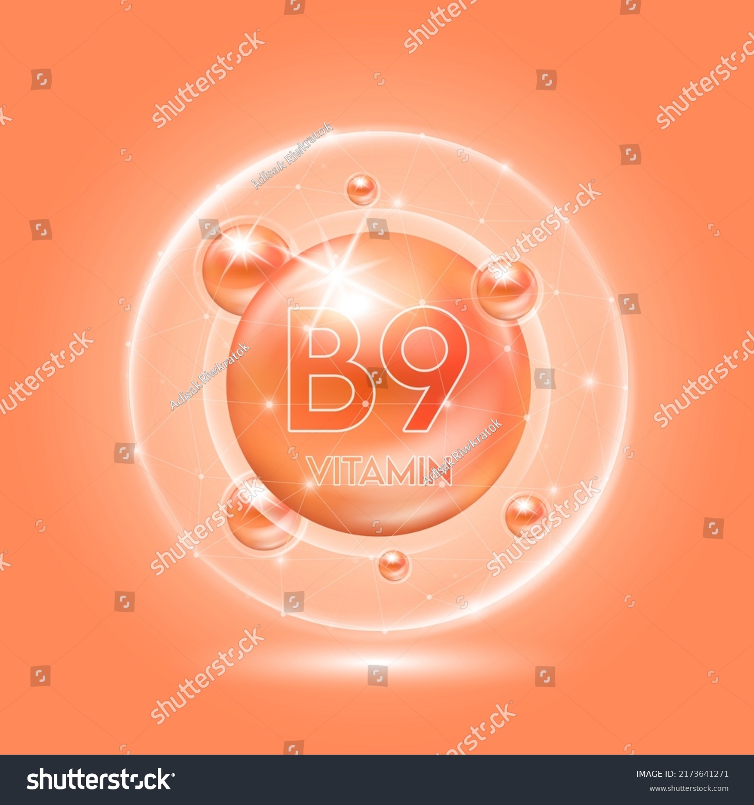 Vitamin B9 orange and translucent dome. Vitamins complex collagen. Beauty treatment nutrition skin care design. Medical and scientific concepts. 3D vector EPS10. #2173641271