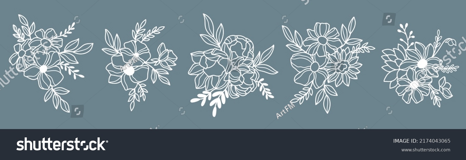 Line art wildflowers bouquets vector illustration set. Outline florals bouquets	
 #2174043065