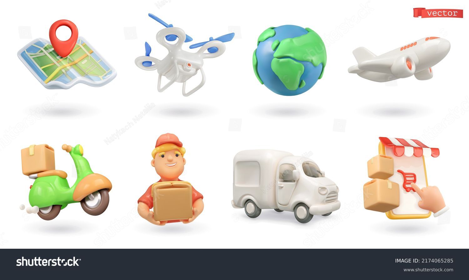 Delivery icons 3d render vector set. Map, drone, earth, aircraft, motorcycle, delivery man, truck, online store #2174065285
