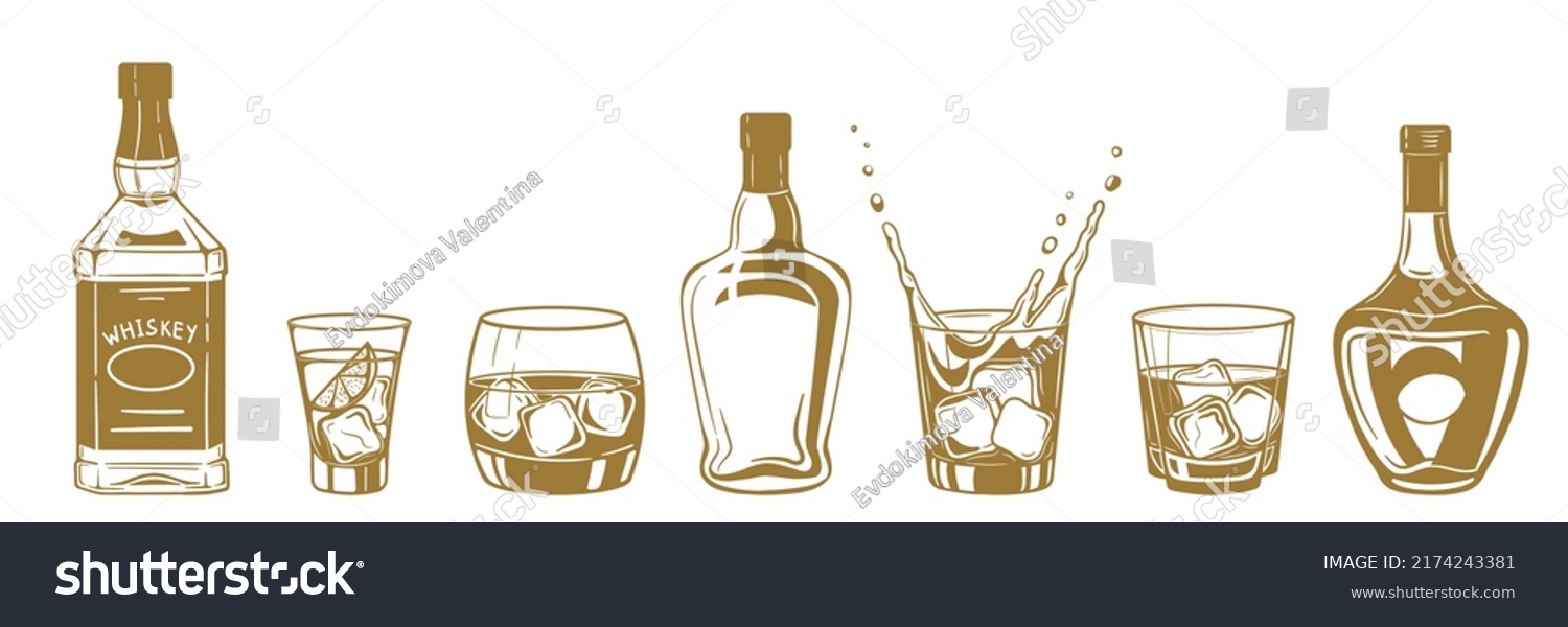 alcohol drinks bottles engraving vector set. Vodka, whiskey and cognac. Isolated vintage style . #2174243381