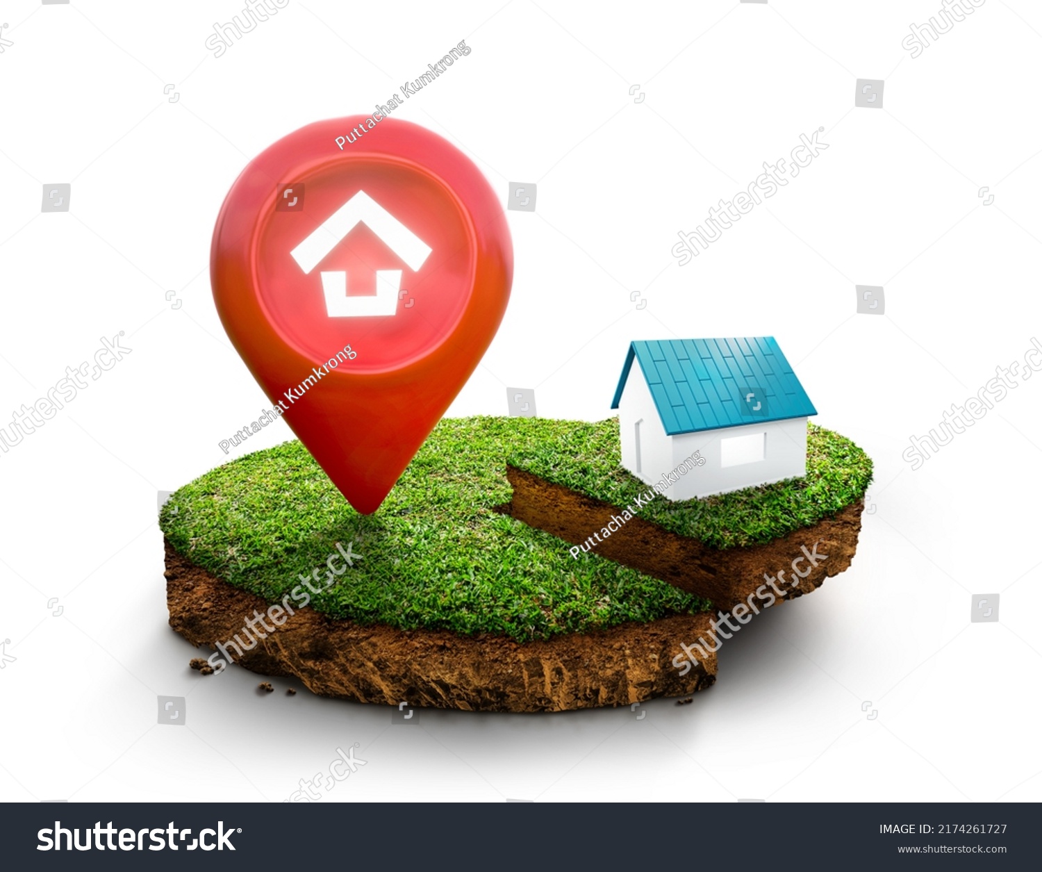 House symbol with location pin icon on round soil ground cross section with earth land and green grass, ground ecology isolated on white background. real estate sale, property investment concept. 3D. #2174261727