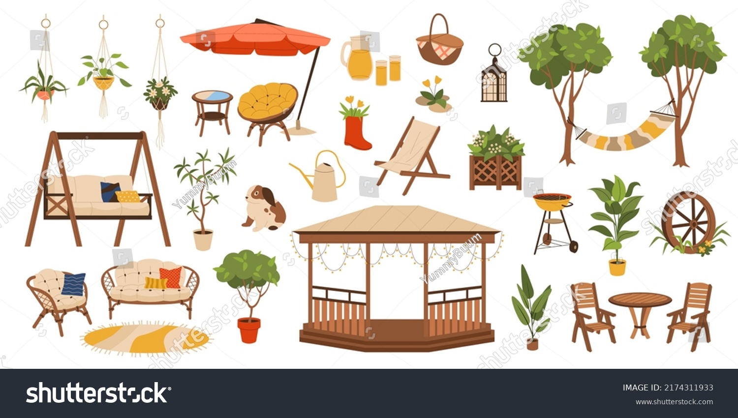 Garden furniture. Backyard cartoon flat elements, summer terrace and patio, outdoor lounge items, relax modern park objects, wooden table and chairs, hammock and gazebo, tidy vector set #2174311933