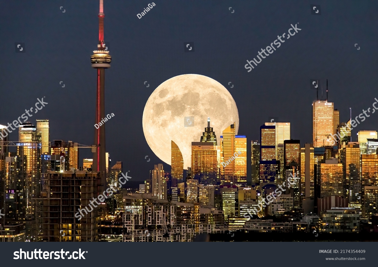 Full moon over Toronto at night. Moonlight of full moon in night cityscape Toronto #2174354409