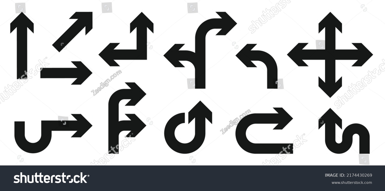 Set of black vector arrows. Arrows icon. Arrow vector icon. Arrows vector collection. Flat style Arrows in different directions isolated on white background. Bended arrow, turning, zig zag, crossroads #2174430269