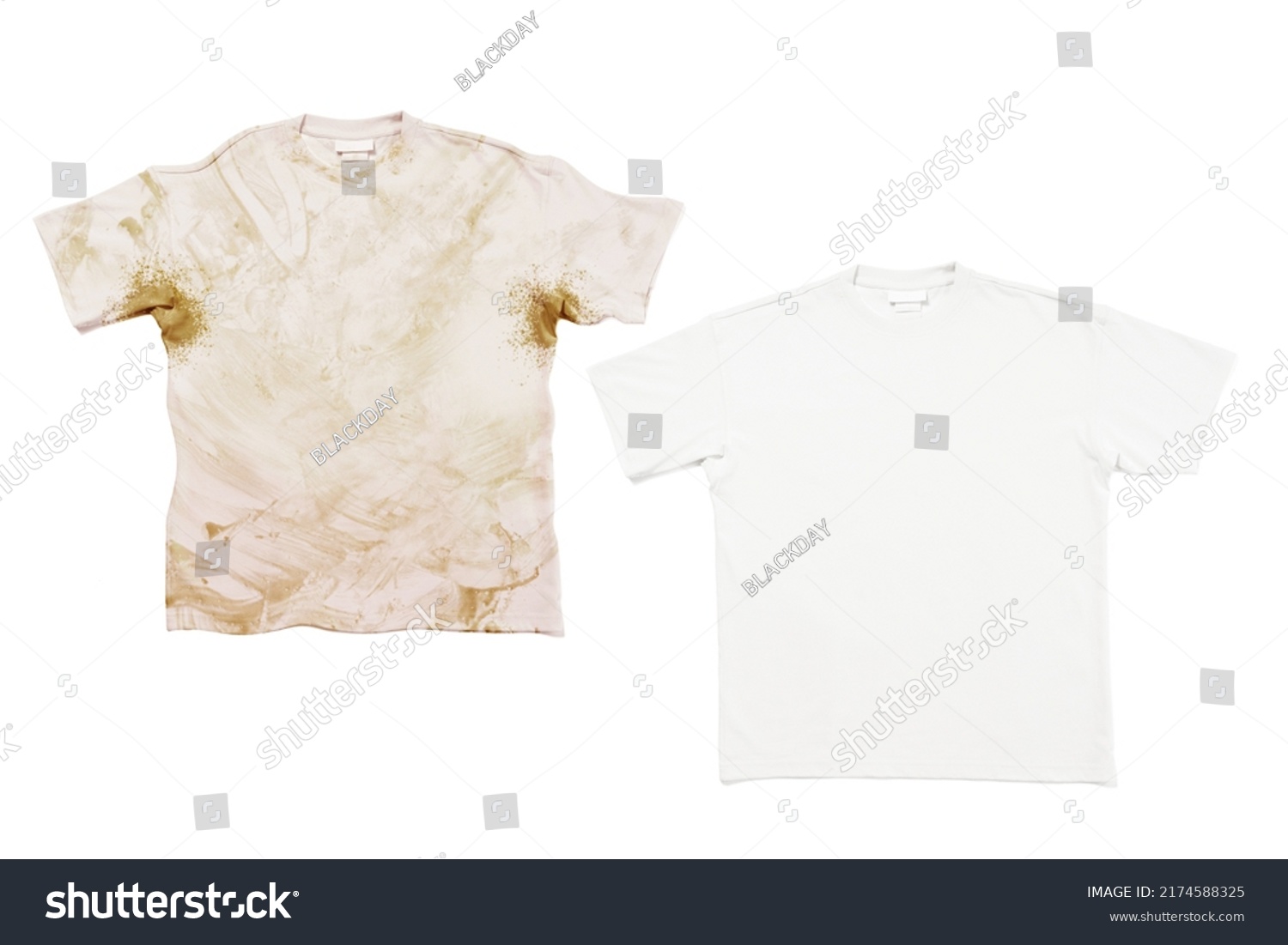 Comparison of white t-shirt before and after using laundry detergent or bleach on white background #2174588325