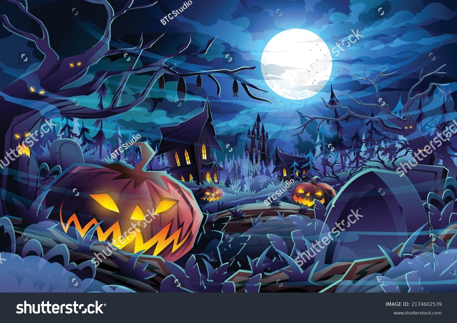 Halloween pumpkins and dark castle on blue Moon - Royalty Free Stock ...