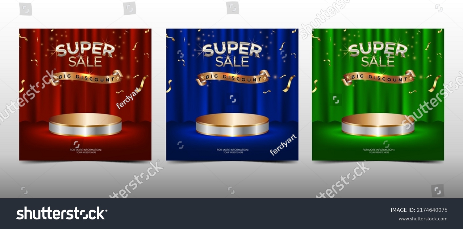 Super sale online shopping banner with white and gold podium, curtain and confetti #2174640075