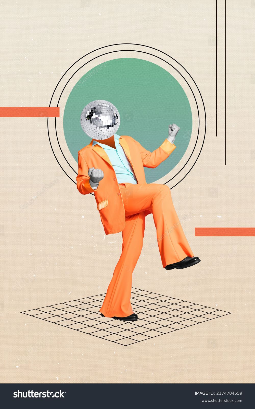 Collage photo of crazy energetic dancing disco ball man enjoy retro style party isolated on pastel geometry pattern background #2174704559