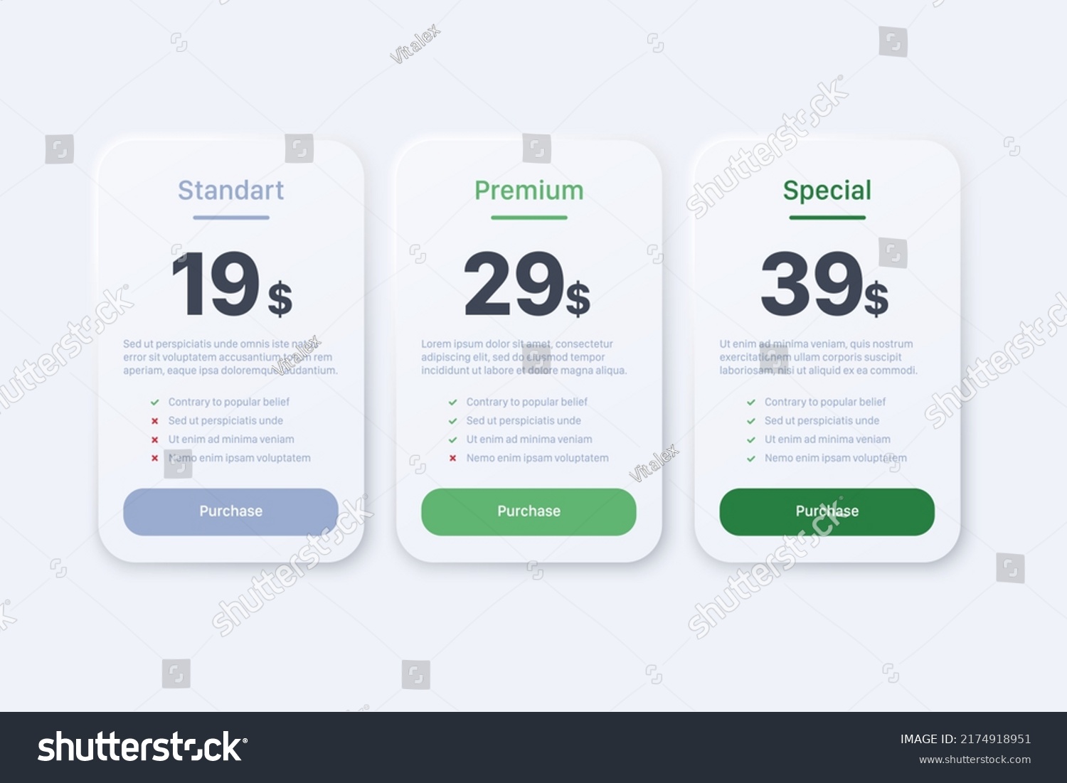 Neumorphism product price table design with 3 types of subscription plans. Subscription plan with features checklist and discount pricing tabs. Tariff choice infographic in vector #2174918951