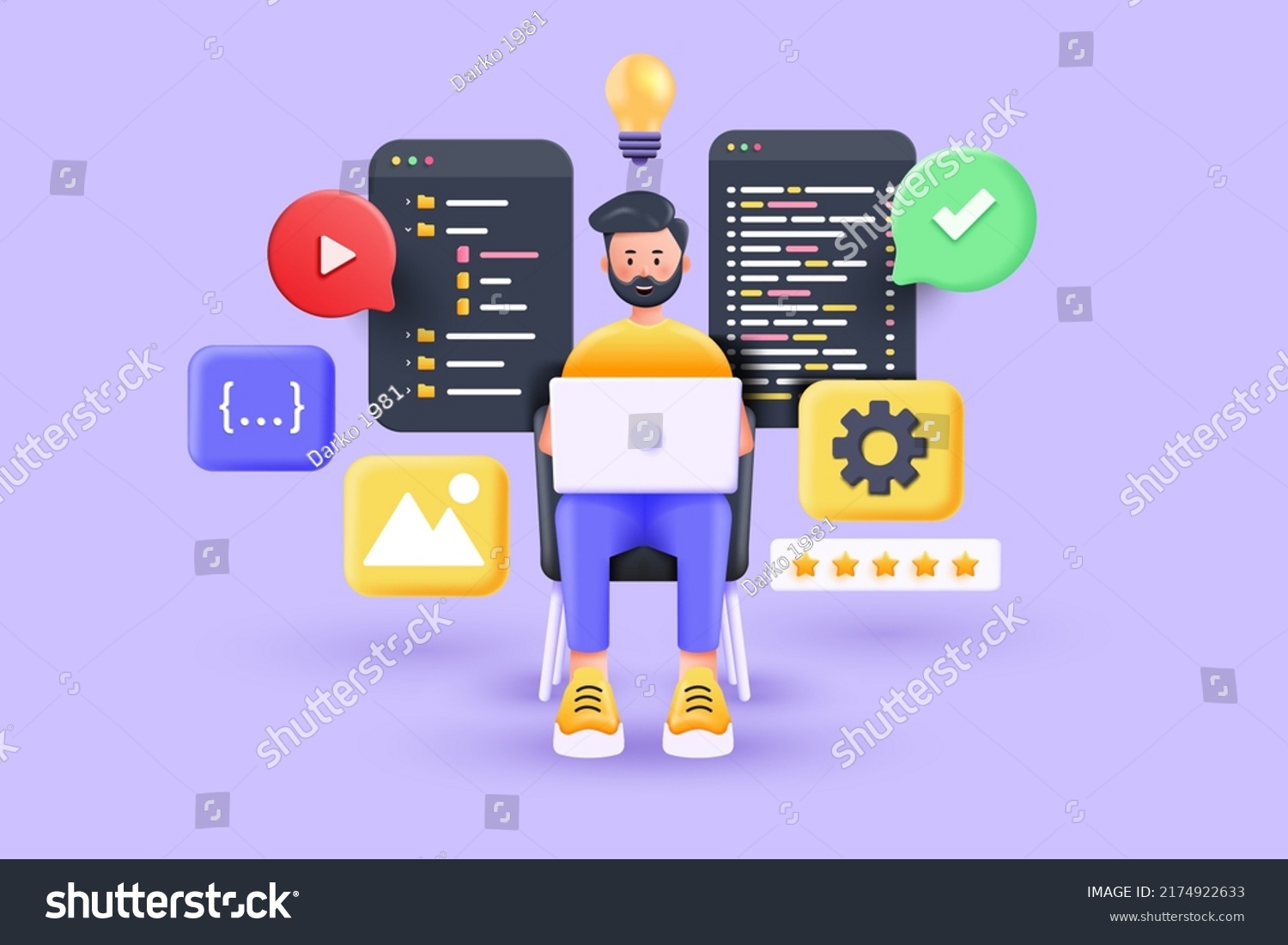 Cartoon beard handsome character casual man seat at desk working on laptop. A developer of project team of engineers for website coding. Software programming. Vector 3d Illustration #2174922633
