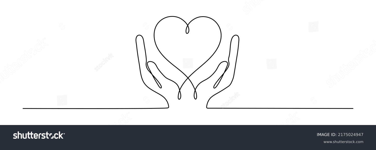 Continuous one line drawing hand holding heart. Charity donation linear symbol. Vector isolated on white. #2175024947
