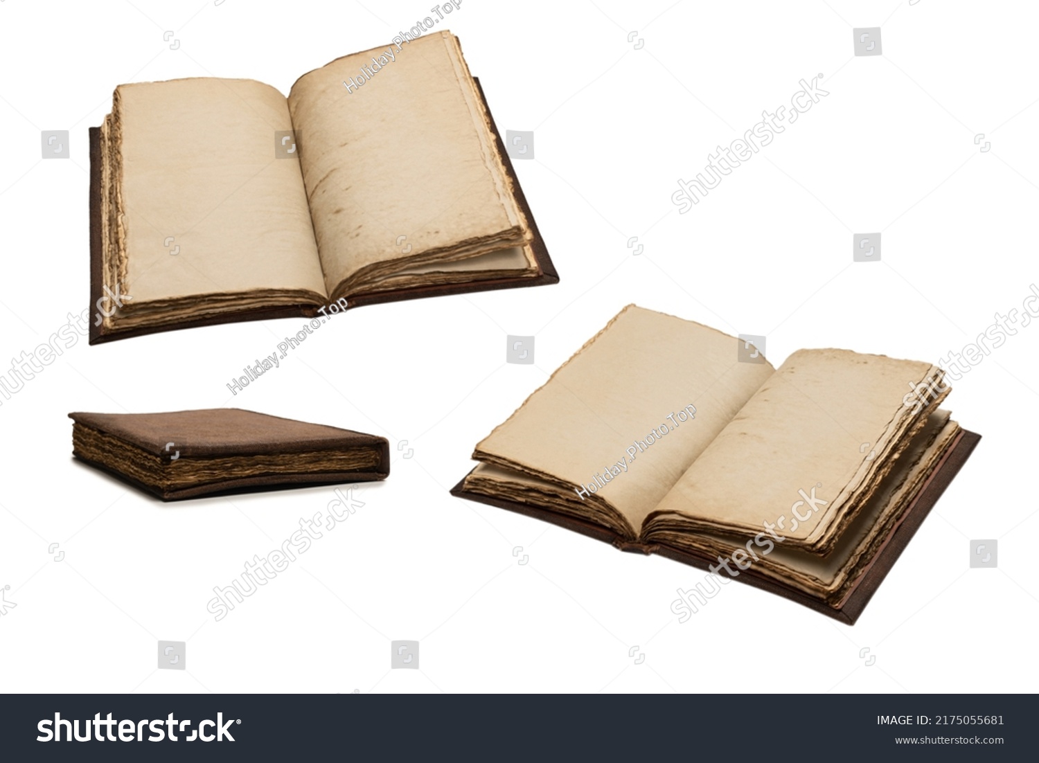 An open empty old notebook isolated on a white background. Copy space.   #2175055681