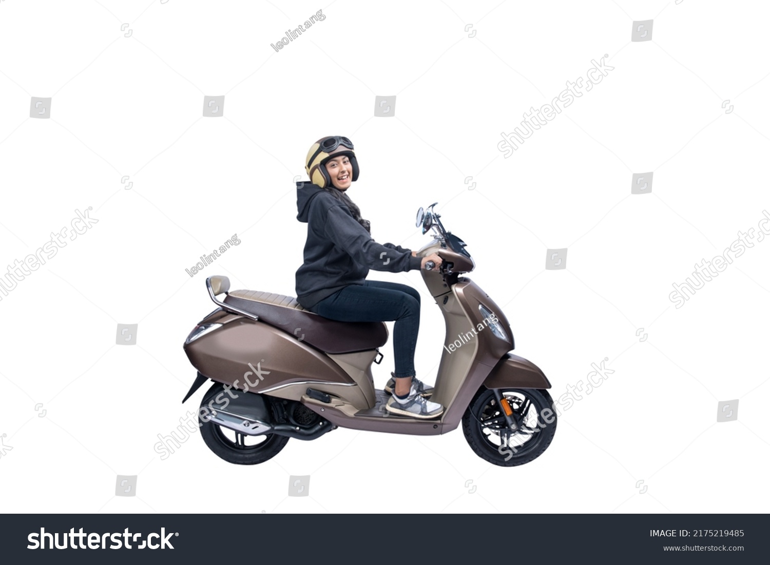 Asian woman with a helmet and jacket sitting on a scooter isolated over white background #2175219485