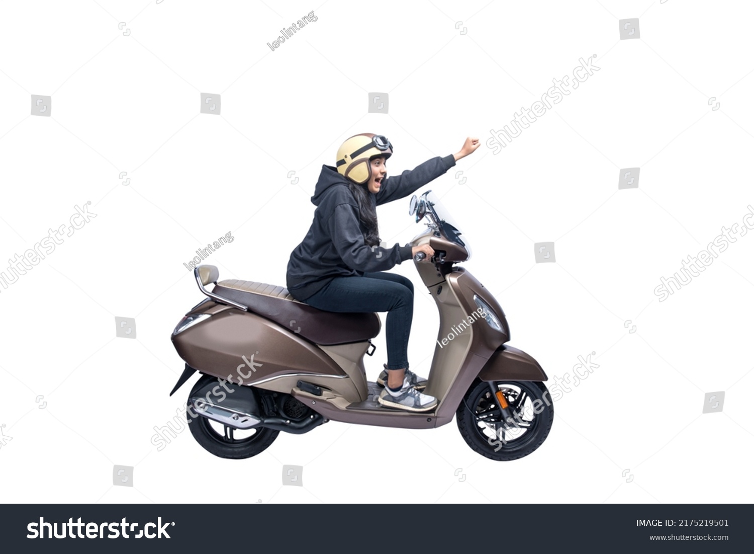 Asian woman with a helmet and jacket sitting on a scooter isolated over white background #2175219501