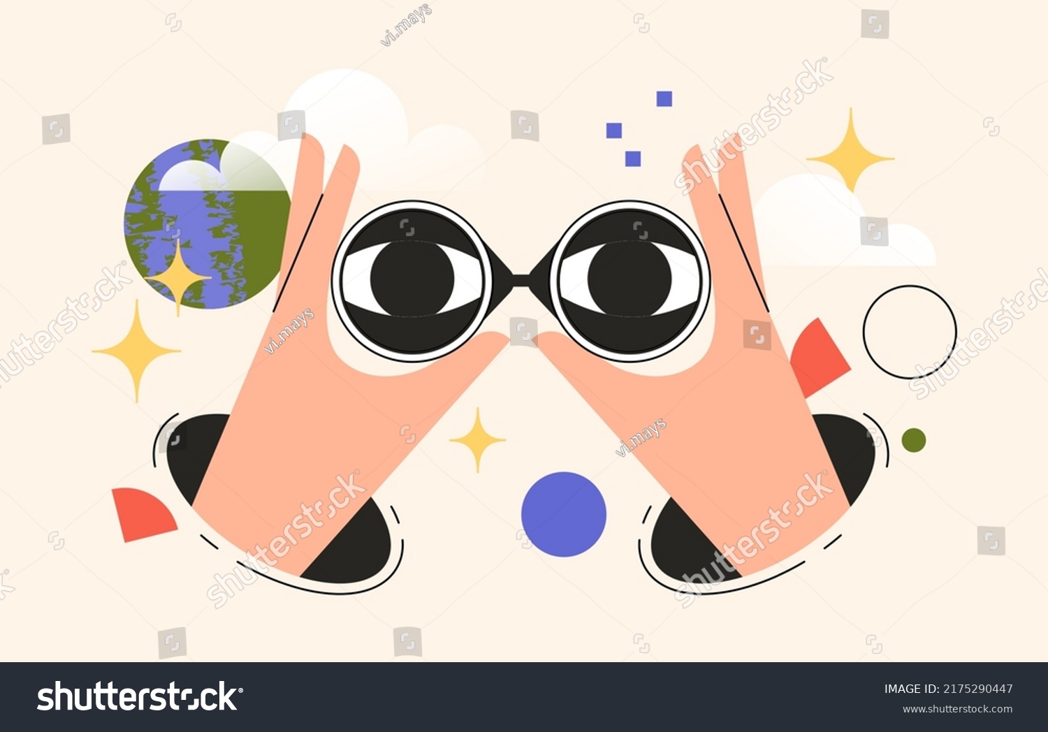 Hands holding binoculars. Concept of search, research or strategy for business. The eyes look forward through the lens. Vector illustration for web or user interface. #2175290447