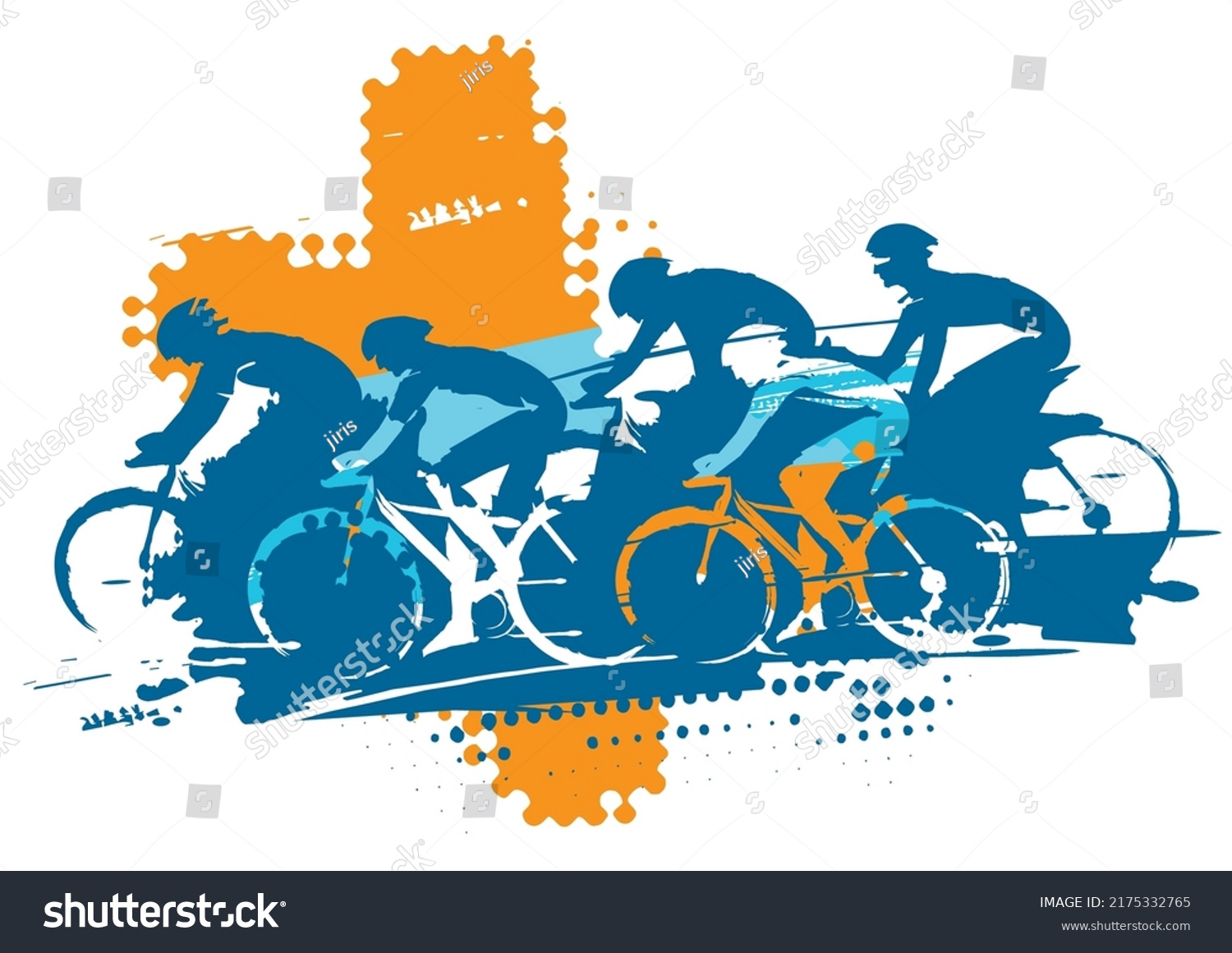 Cycling race, MTB cycling.
Expressive stylized drawing of group of cyclists in full speed. Imitating drawing ink and brush. Vector available. #2175332765