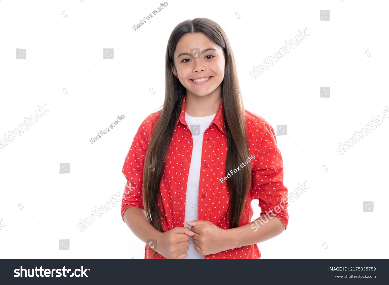 Portrait of happy smiling teenage child girl. Children studio portrait on white background. Childhood lifestyle concept. Cute teenage girl face close up. #2175335759