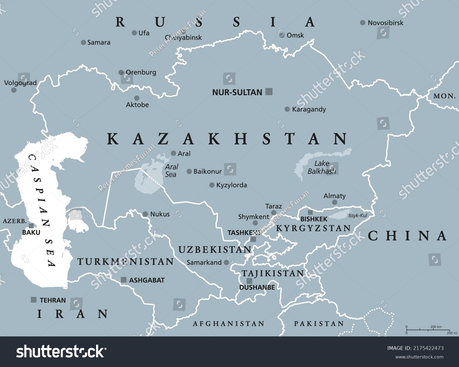 Central Asia, gray political map. Subregion of Asia, consisting of former Soviet republics, stretching from the Caspian Sea to China and Mongolia, and from south of Russia to Afghanistan and Iran. #2175422473
