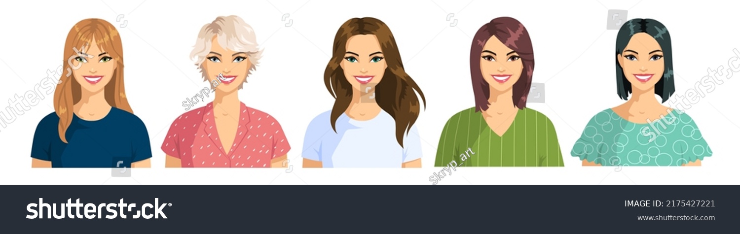 A set of portraits of random women with different hairstyles and hair colors. Young smiling women in different clothes. Illustrations in cartoon style isolated on white background. Vector. #2175427221