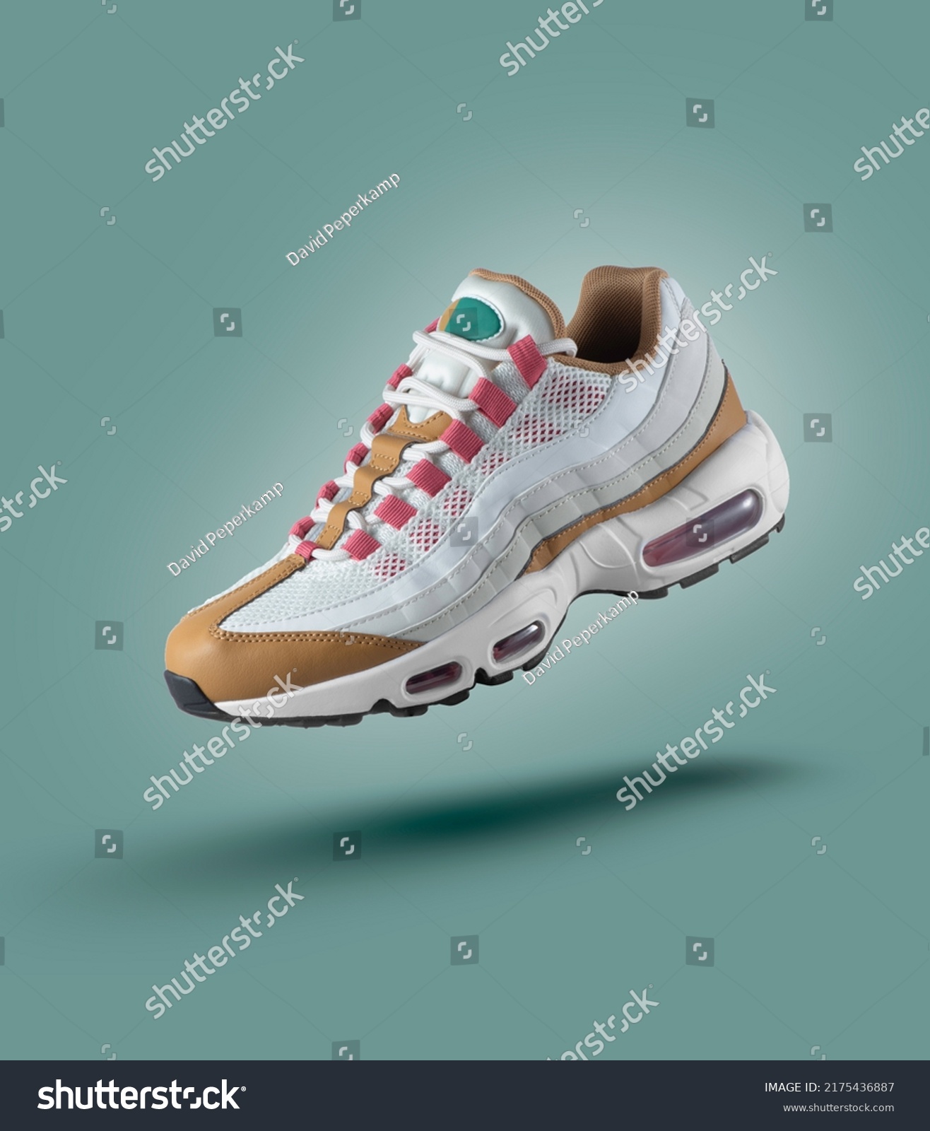 White sneaker with colored accents on a green gradient background, fashion, sport shoe,  air, sneakers, lifestyle, concept, product photo, levitation concept, street wear, trainer #2175436887