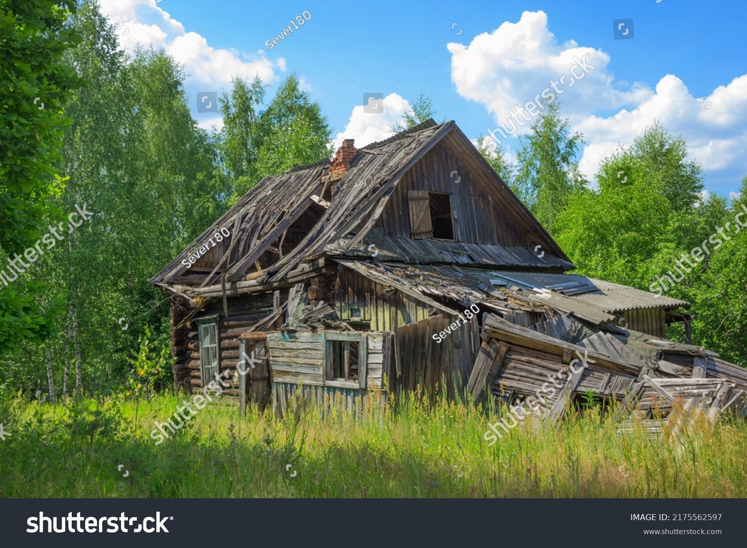An abandoned wooden old house, desolation and ruin, an old village house among the trees In  fores #2175562597