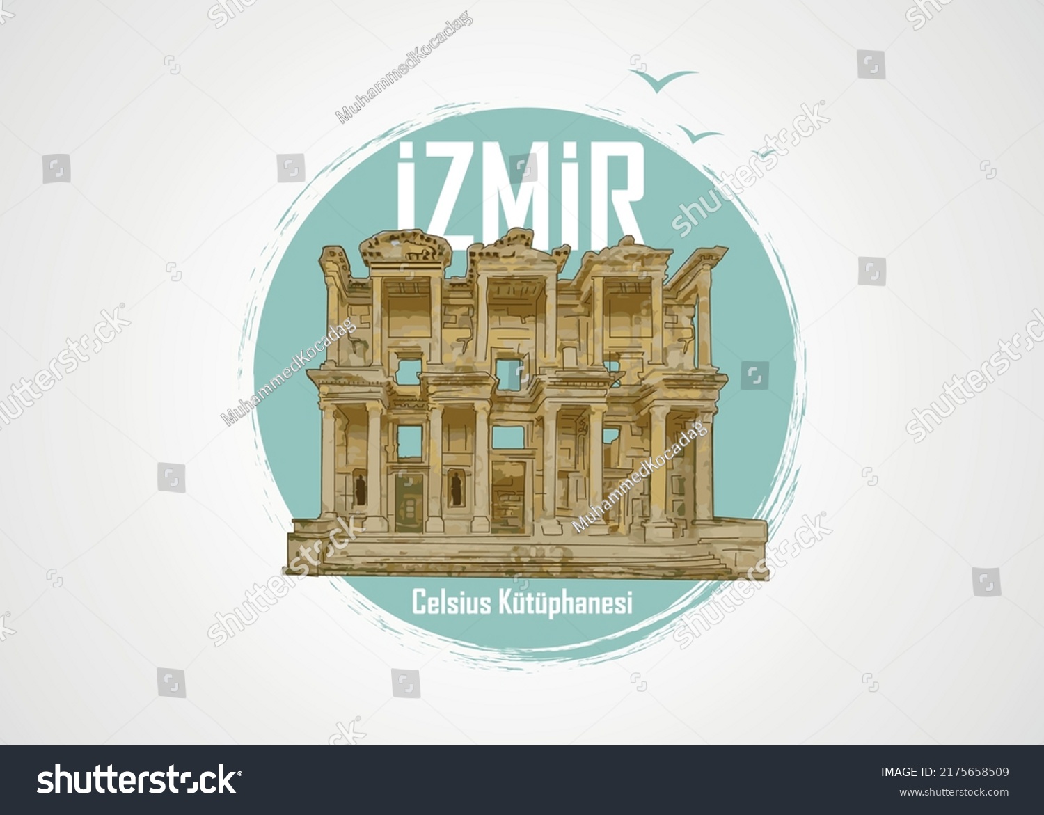 İzmir Celsius Kütüphanesi. Translated: Izmir Celsius Library in the ancient city of Ephesus, Turkey. Vector illustration #2175658509