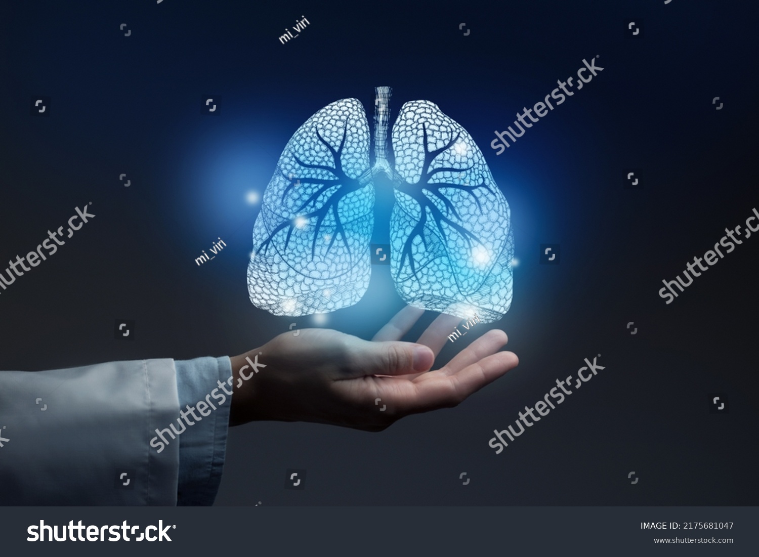 Medical banner with lungs illustration on blue background with large copy space for text or checklist. #2175681047