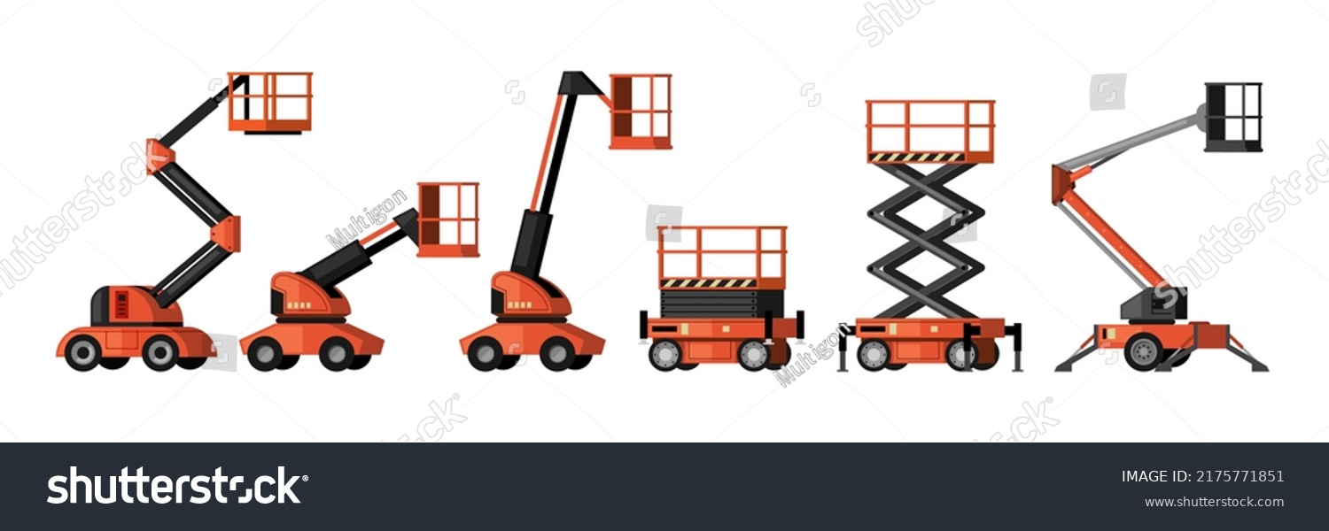 Lifting vehicles. industrial mashine with lifting platforms for builders telescopic and hydraulic cars. Vector cartoon illustrations #2175771851