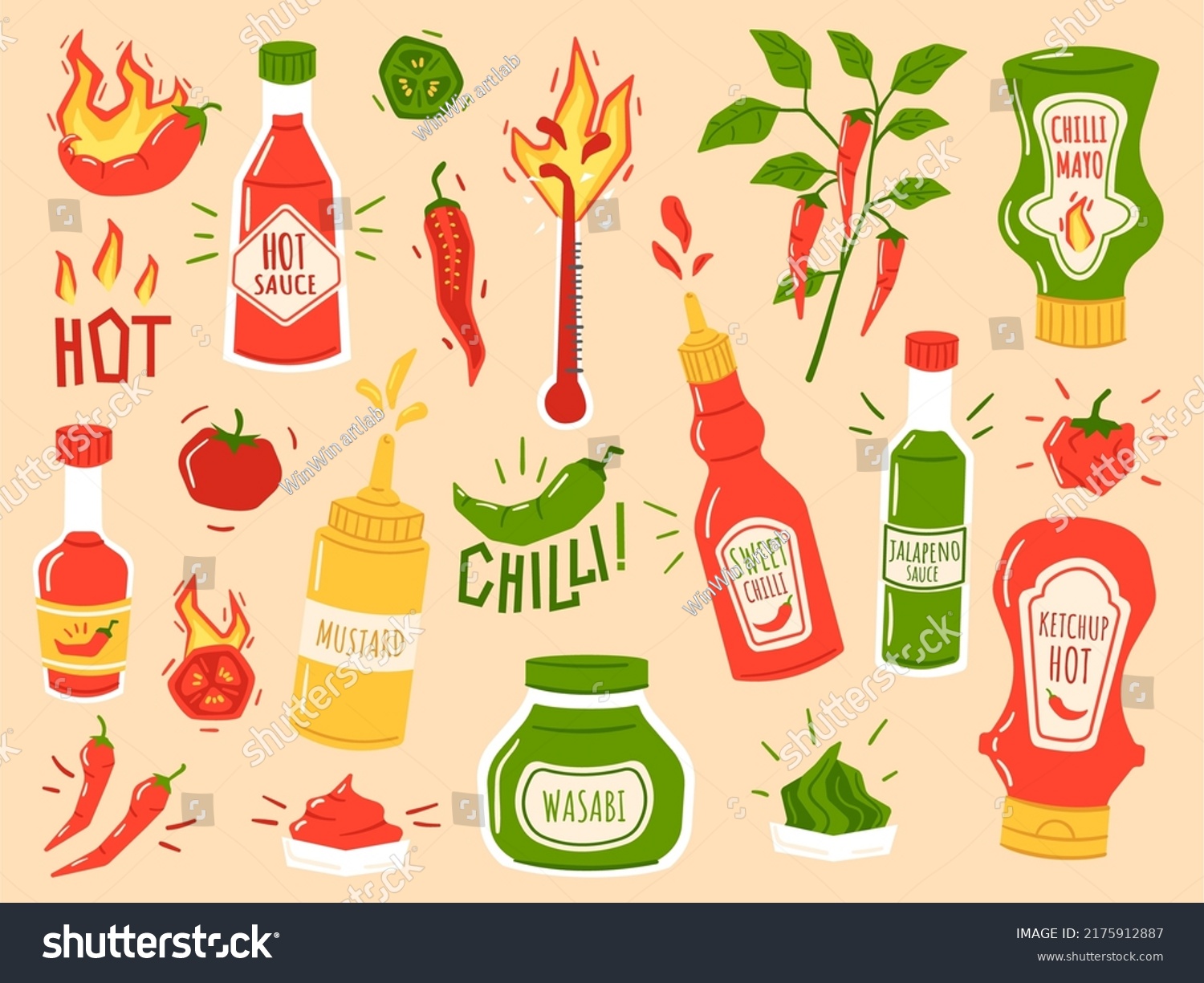 Hot sauces. Sweet chilli, spicy mayo and ketchup bottles. Wasabi, mustard and flaming peppers vector Illustration set. Food natural ingredients used for spices and dips, burning vegetables #2175912887
