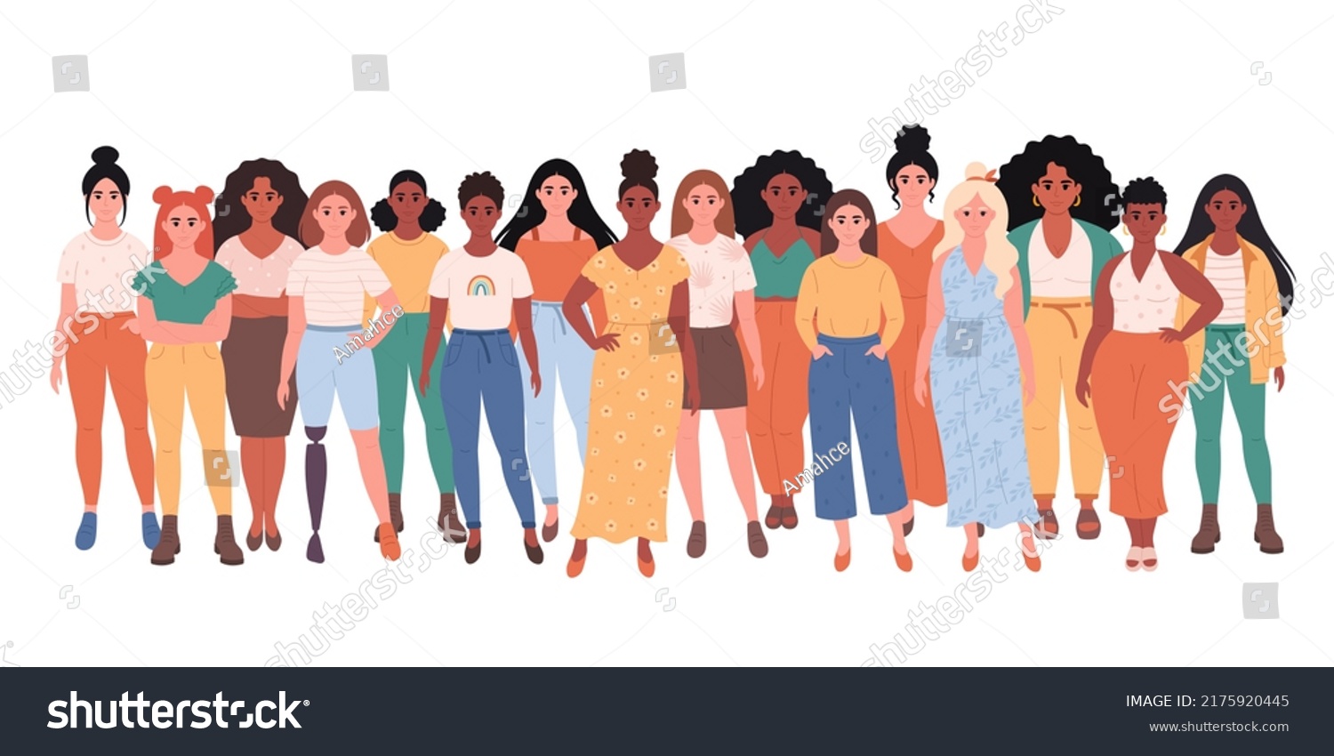 Women of different races, body types, hairstyles. Social diversity of people in modern society. Woman with physical disability. Fashionable casual outfit. Hand drawn vector illustration #2175920445
