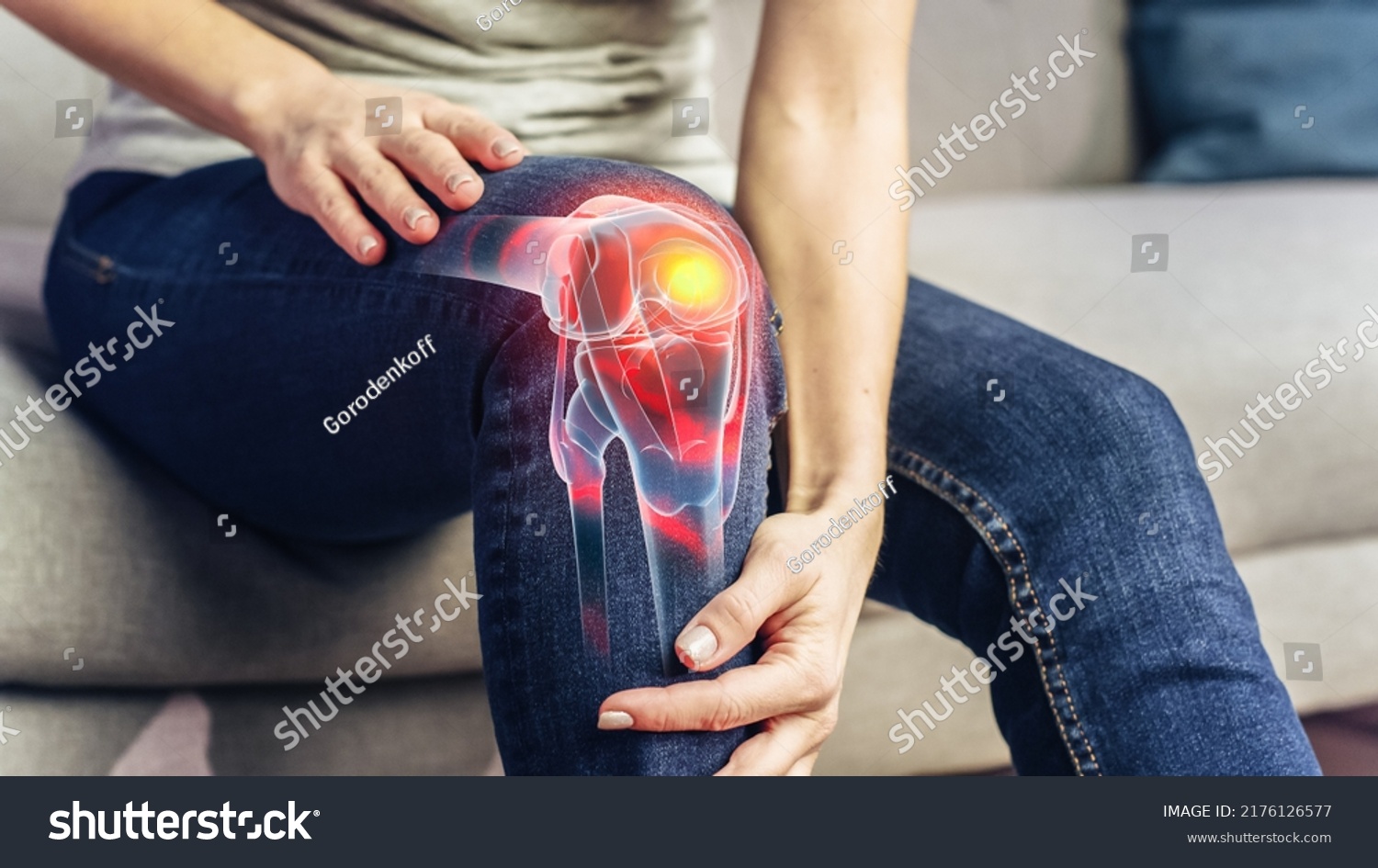 VFX Joint and Knee Pain Augmented Reality Render. Close Up of a Person Experiencing Discomfort in a Result of Leg Trauma or Arthritis. Massaging the Muscles to Ease the Injury. #2176126577
