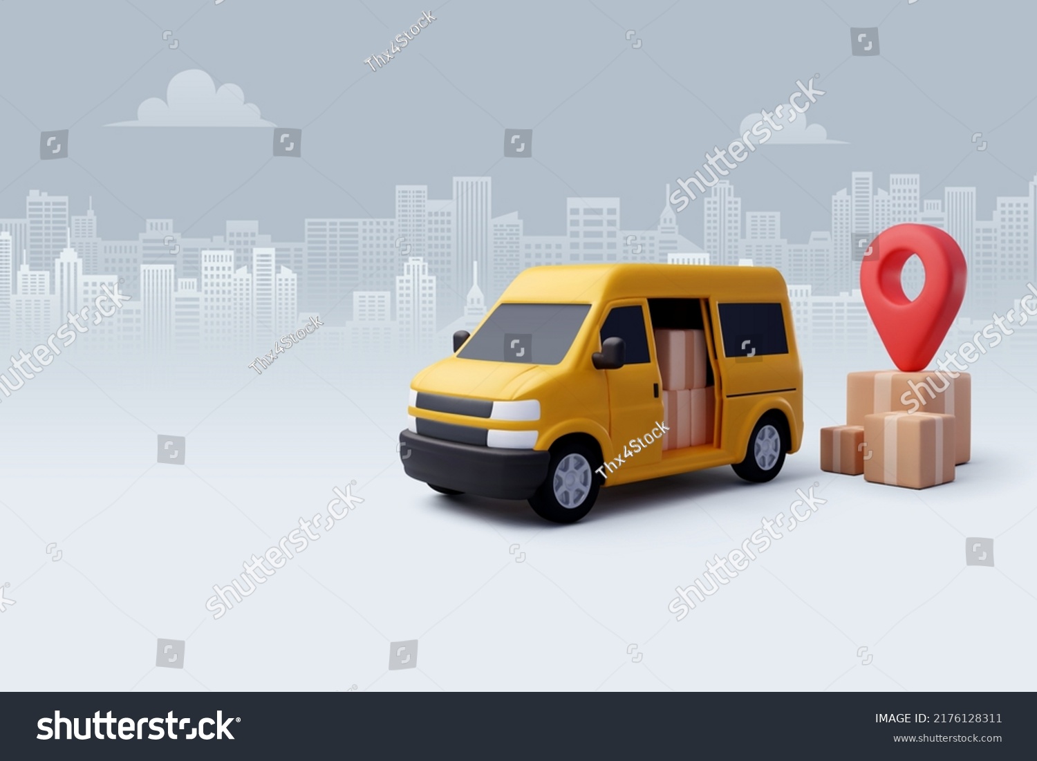 3d Vector Delivery Van with Box cargo, Delivery and online shopping concept. Eps 10 Vector. #2176128311