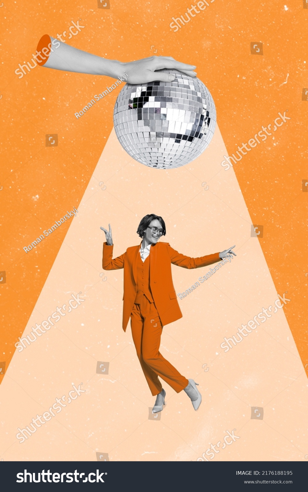 Vertical collage image of excited positive girl enjoy dancing huge hand black white effect hold disco ball isolated on painted background #2176188195