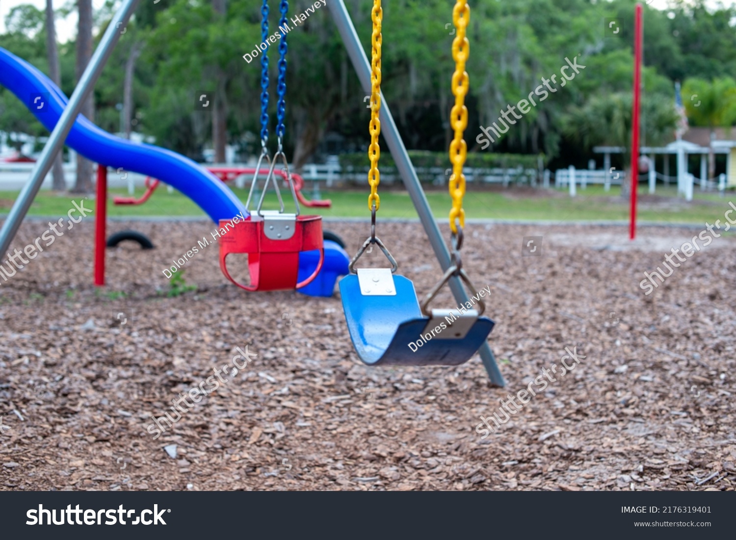 Multiple plastic and rubber swings hanging from chains in a children's park. There's a blue plastic slide in the background with large lush trees and benches. The ground is covered in tree mulch.  #2176319401