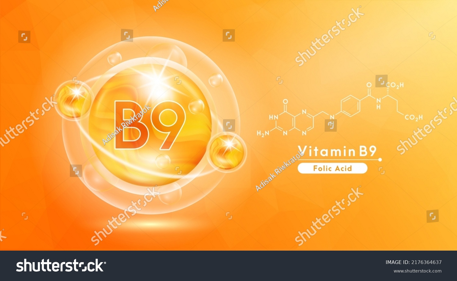 Vitamin B9 orange and structure. Pill vitamins complex and bubble collagen serum chemical formula. Beauty treatment nutrition skin care design. Medical and scientific concepts. 3D Vector EPS10. #2176364637
