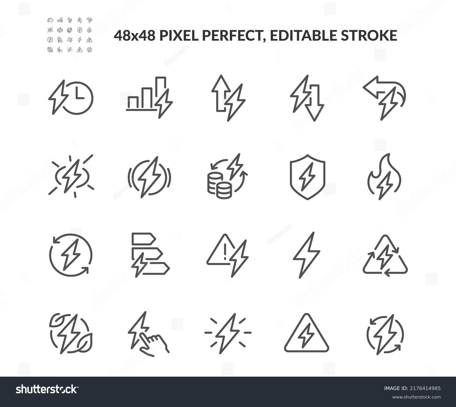 Simple Set of Energy Related Vector Line Icons. Contains such Icons as Energy Costs, Burn, Eco Friendly Power and more. Editable Stroke. 48x48 Pixel Perfect. #2176414985
