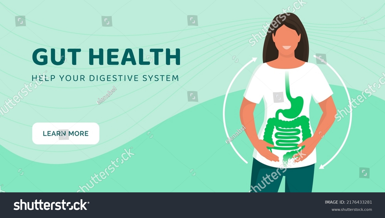 Happy woman with healthy clean gut, detox and digestive health banner #2176433281