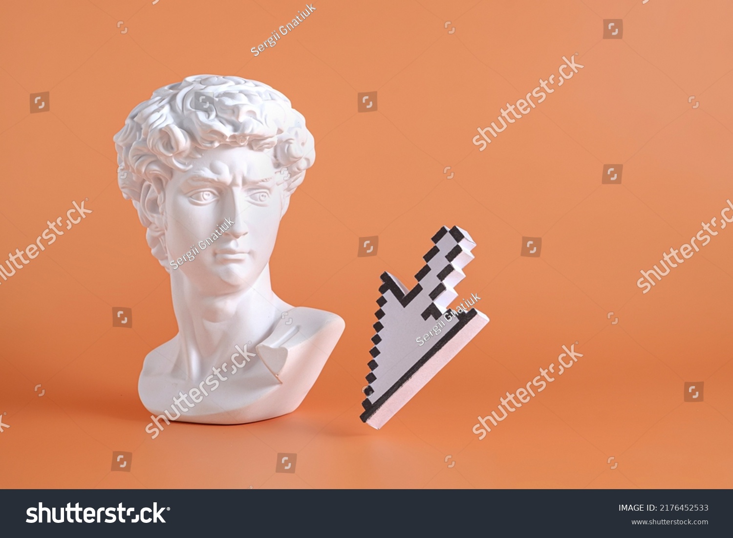 Sculpture head and bust of Michelangelo's David along with modern internet and web technologies pixel pointer mouse cursor. Minimal vaporwave pop concept. #2176452533