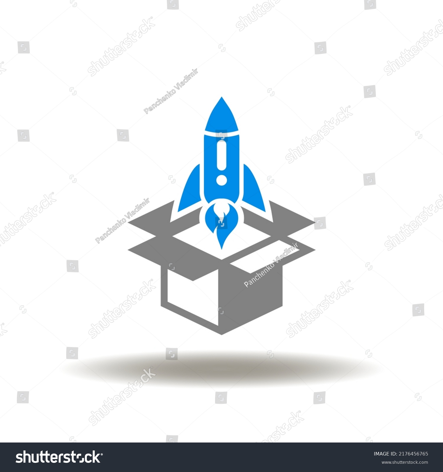 Vector illustration of open cardboard or packaging with start rocket. Icon of startup. Symbol of MVP Minimum Viable Product. #2176456765