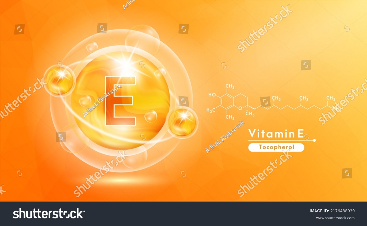 Vitamin E orange and structure. Pill vitamins complex and bubble collagen serum chemical formula. Beauty treatment nutrition skin care design. Medical and scientific concepts. 3D Vector EPS10. #2176488039