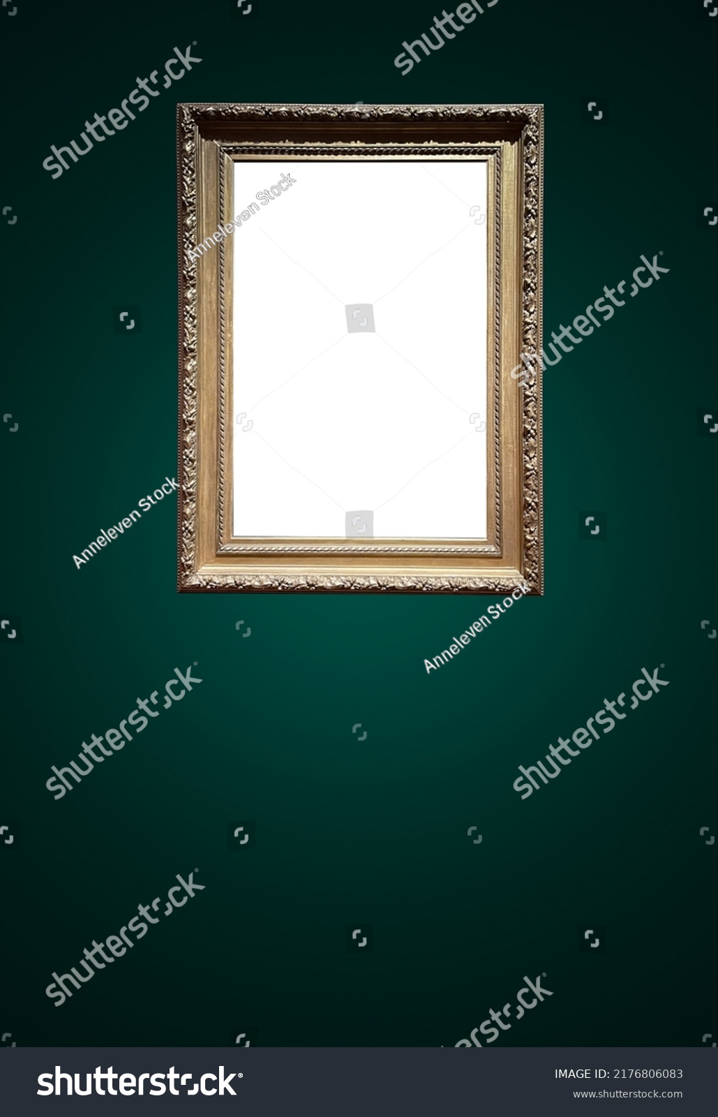 Antique art fair gallery frame on royal green wall at auction house or museum exhibition, blank template with empty white copyspace for mockup design, artwork concept #2176806083