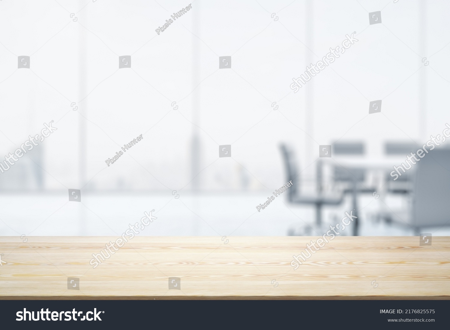 Empty office wooden desktop with empty space on modern boardroom with large window background, closeup, mock up #2176825575