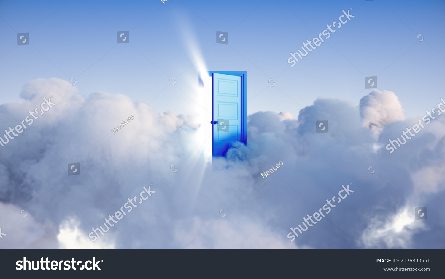 3d rendering, abstract modern background with bright light rays shining through the opening blue door in the sky with clouds, hope concept #2176890551