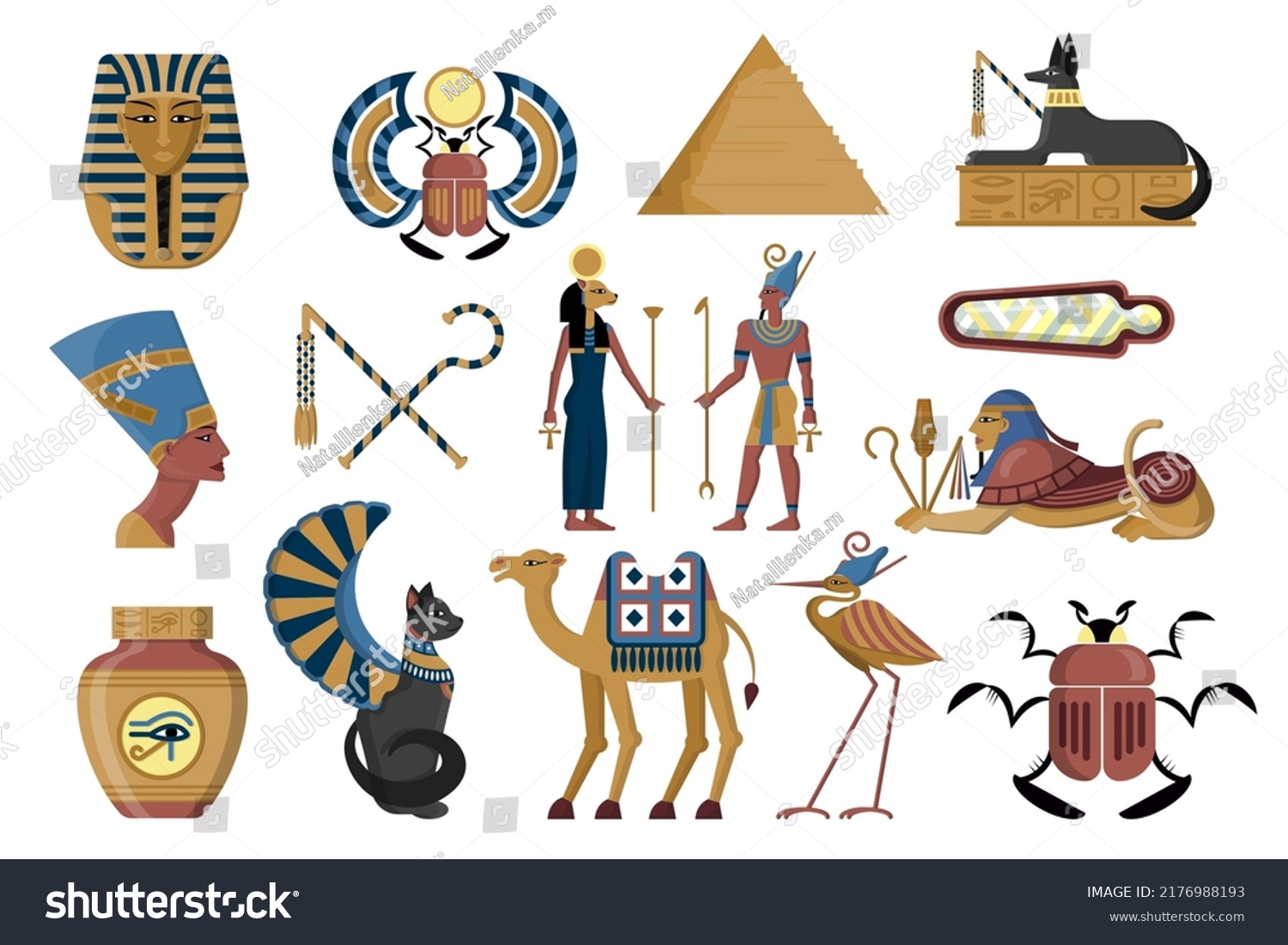 Egyptian symbols. Ancient Egypt. God and pharaoh with scepters. Cleopatra sculpture. Pyramid temple. Sphinx statue. Mythology animals. Mummy in sarcophagus. Vector illustration set #2176988193